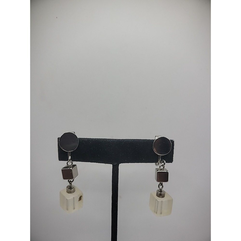Vintage Earrings Clip On Drop Dangle Silver Tone‎ Square Jewelry Costume